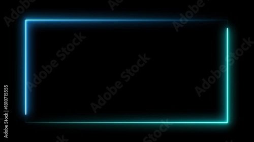 Abstract blue and green square frame with LED glowing light effect along lines on black background, for copy space. 4K looping.