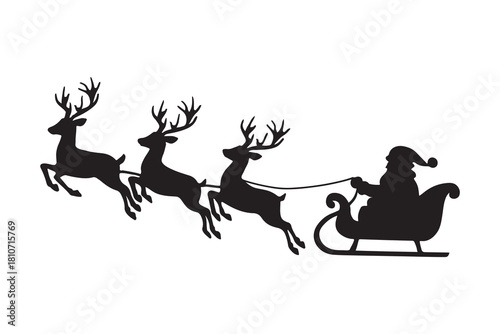 santa sleigh with flying reindeers silhouette