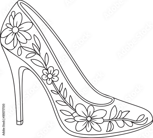 High heel shoes silhouette with floral elements abstract line art drawing