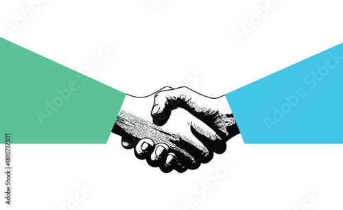 Business hand shake grunge halftone collage element, creative vector design for professional collaboration, partnership agreements, business presentations, marketing graphics, teamwork visualization