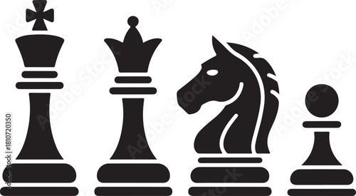 Chess piece icons set. Board game. Black silhouettes illustration. Outline set of chess vector icon for web design isolated on white background. King, queen, bishop, pawn, horse, knight, rook.