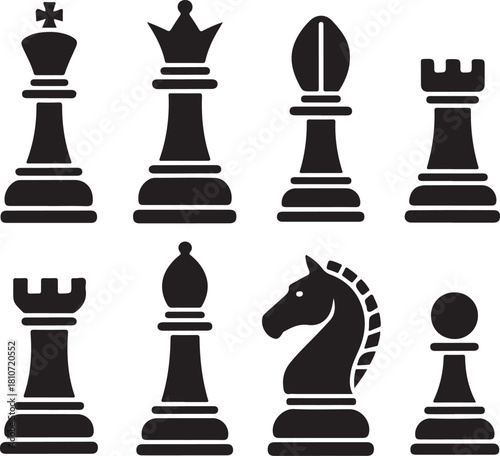 Chess piece icons set. Board game. Black silhouettes illustration. Outline set of chess vector icon for web design isolated on white background. King, queen, bishop, pawn, horse, knight, rook.