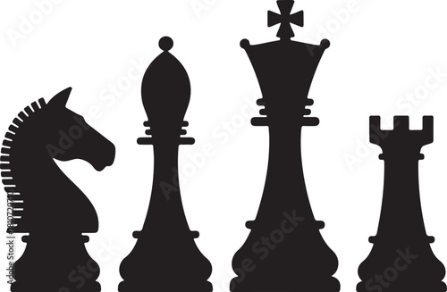 Chess piece icons set. Board game. Black silhouettes illustration. Outline set of chess vector icon for web design isolated on white background. King, queen, bishop, pawn, horse, knight, rook.
