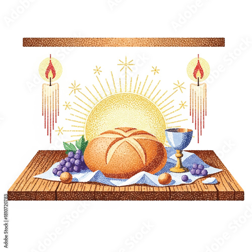 Still life illustration of bread, grapes, and a chalice on a cloth-covered table, flanked by candles, with a sunburst background.