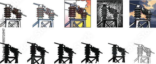 Electrical Insulator Vector Set in Twelve Artistic Styles Including Sketch, Silhouette, Comic, Painterly, Woodcut, and Minimal Line Variations