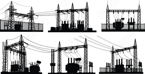 High voltage electrical substation silhouettes with transformers, circuit breakers, busbars, transmission towers, and fenced infrastructure for power distribution.