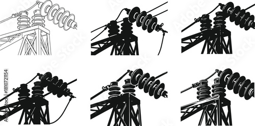 High voltage transmission tower insulator configurations for electrical engineering, power grid safety, infrastructure design, and industrial energy distribution systems