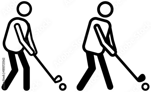 Two golfers in different positions during a swing, ready to hit the ball on the green isolated on