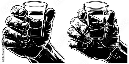 Two hands holding shot glasses filled with liquor, ready for a toast, isolated on