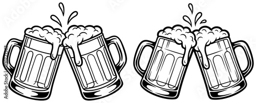 Four beer mugs clinking together in a celebratory toast, isolated on