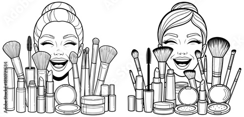 Two cheerful women surrounded by makeup brushes and cosmetics isolated on beauty and fashion concept