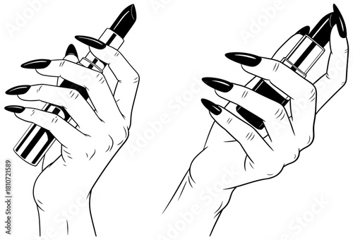 Womans hand holding a lipstick isolated on beauty and makeup concept manicure with black nails