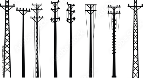 Silhouettes of utility poles with varied electrical infrastructure, transformers, crossarms, and insulators for power distribution and engineering reference.