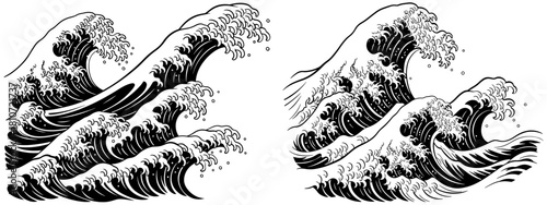 Illustration of two sets of large ocean waves with white caps, isolated on, in a black and white vector style