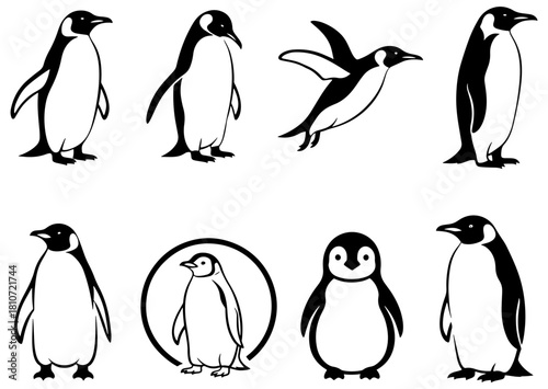 Set of eight penguin illustrations in different poses isolated on, showcasing various actions and expressions