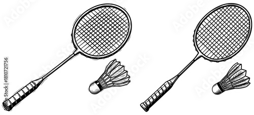 Two badminton rackets and shuttlecocks, ready for a game on the court isolated on