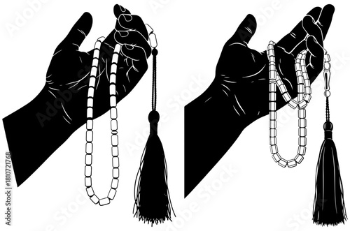 Illustration of two hands holding prayer beads, isolated on, in a black and white vector style for religious use