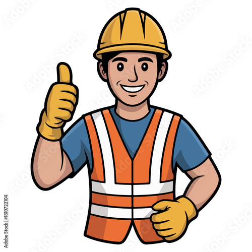 An illustration of a construction worker giving a thumbs up, with safety equipment on