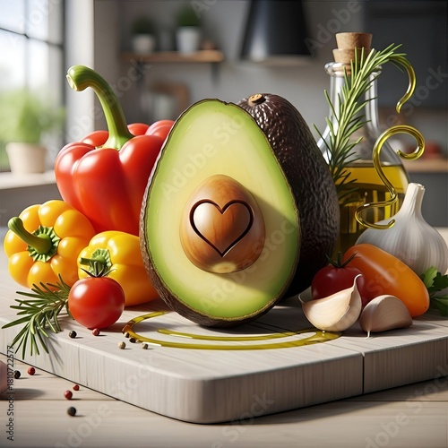 “Fresh Avocado with Heart-Shaped Pit, Colorful Vegetables, Healthy Cooking Ingredients, Vibrant Kitchen Food Arrangement, Organic Produce Concept”