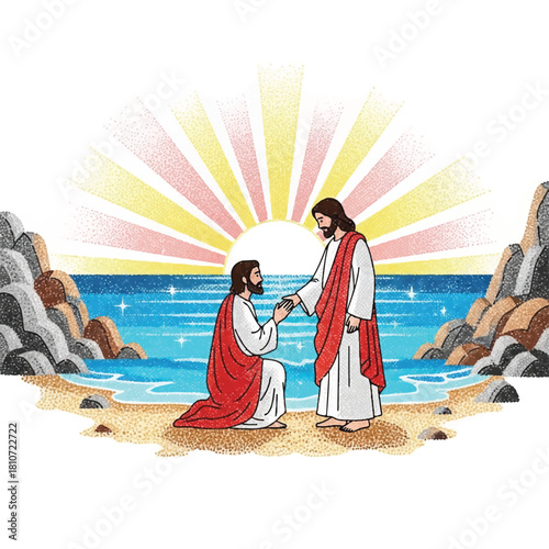 Jesus Christ reaches out to a kneeling man on a beach, with sunlight radiating behind them and ocean waves in the background.