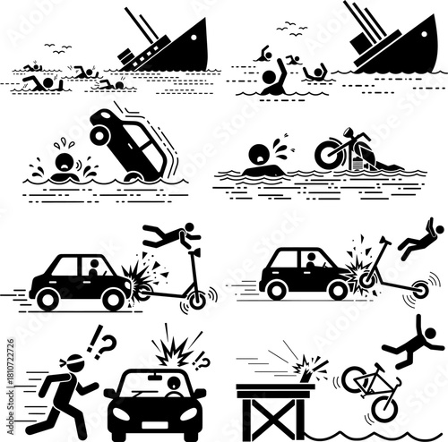 Traffic and Water Accident Line Art Icon Set