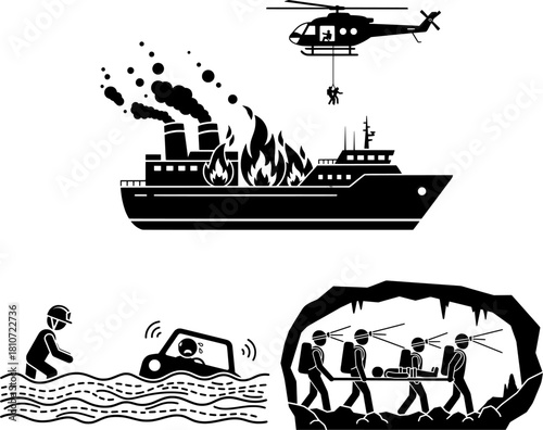 Rescue Operation and Emergency Response Pictogram Set