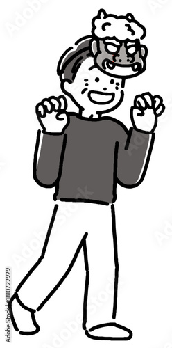 鬼のお面をつけたシニア男性（おじいちゃん）のモノクロイラスト