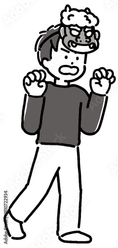 鬼のお面をつけた若い男性のモノクロイラスト