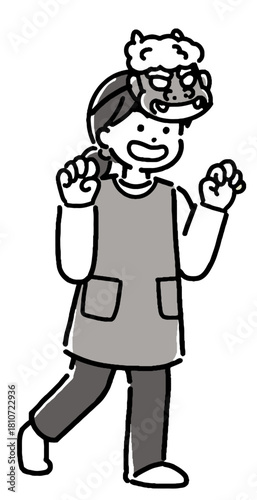 鬼のお面をつけた若い女性（母親・保育士）のモノクロイラスト