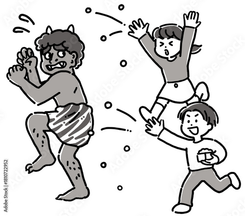 節分の豆まきをする男の子と女の子と、逃げる赤鬼	のモノクロイラスト
