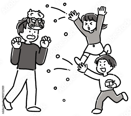 節分の豆まきをする、若い父親と男の子と女の子の家族のモノクロイラスト