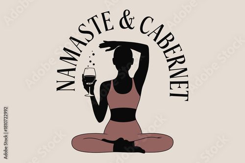 Woman in yoga pose holding wine glass with namaste cabernet text