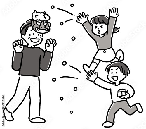 節分の豆まきをする、おじいちゃんと男の子と女の子の家族のモノクロイラスト