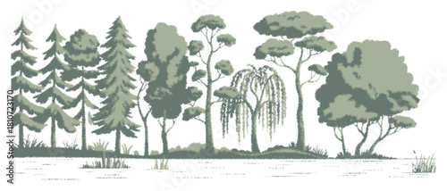 Architectural drawings minimal style cad tree line drawing, side view, wetland forest section set with separate vector elements, created for landscape design illustration, ecological mapping