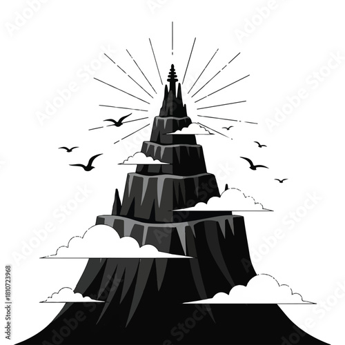 A stylized black and white illustration of a tiered mountain peak with a temple on top, surrounded by clouds and flying birds.