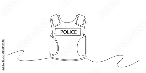 Continuous line drawing of a police vest.Single line illustration depicting protective law-enforcement gear, symbolizing safety, security, and duty.