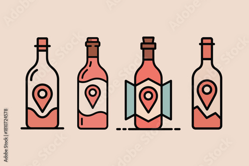 Four stylized bottles with location pins on their labels representing wine tourism