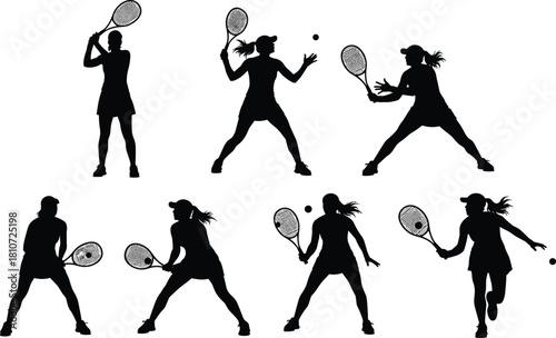 Dynamic Action Poses of Serving, Hitting, and Running on the Court Vector Illustration.