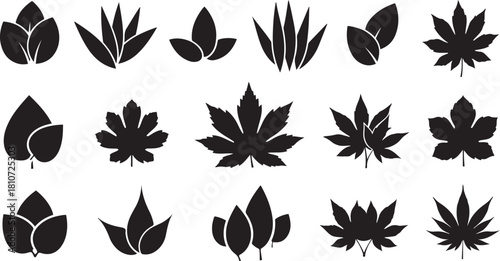 Assortment of stylized black leaf icons in various shapes and sizes Keywords: leaf, leaves, plant, nature