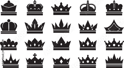 Assortment of royal crown silhouettes in black and white on white background king
