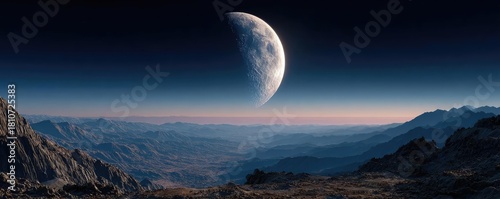 Large moon shining over barren rocky landscape concept. Stunning view of a distant planet over a rugged landscape.