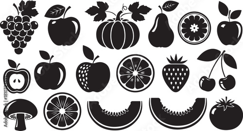 Collection of black silhouette icons of various fruits vegetables and a mushroom food