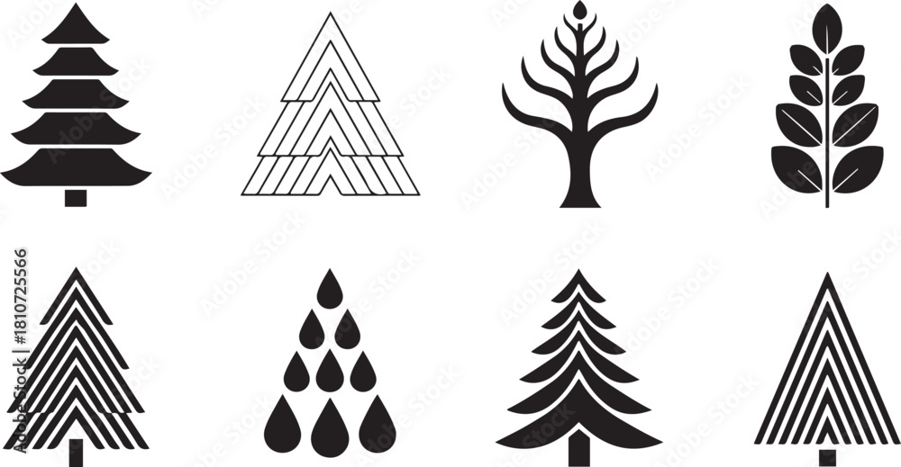 Naklejka premium Stylized tree and leaf icons in black and white on white background nature plant