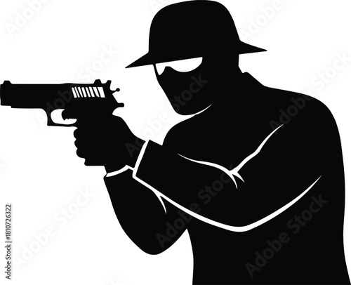Masked Gunman Silhouette with Hat Holding Handgun Vector Illustration for Crime, Mystery, Action, Detective, Thriller, and Security Concepts