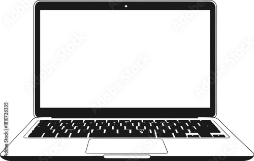 Minimalist black and white laptop vector illustration with blank screen, stylized keyboard, and touchpad for digital, tech, and business concepts