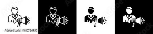 Promotor icon set in line and glyph style on black and white background