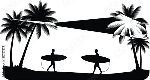 Silhouette of surfers walking on tropical beach with palm trees, surfboards, and dramatic light beam in minimal black and white style