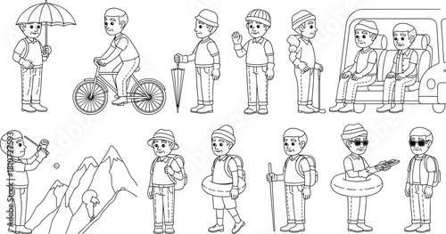 Elderly man activity illustration set, senior man hiking, cycling, swimming, traveling, holding umbrella, relaxing, enjoying retirement outdoor lifestyle