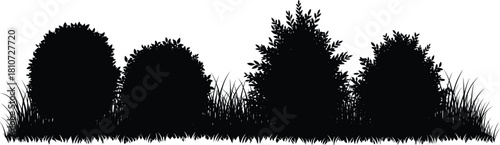 Silhouette row of bushes and grass with natural foliage shapes, isolated black vegetation for landscaping, nature design, and outdoor scenes.