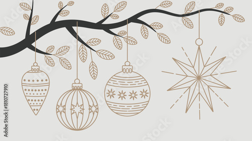 Gold christmas decorations featuring shimmering baubles, glittery stars, and glowing ornaments on a luxurious dark background, festive vector illustration perfect for holiday greeting cards